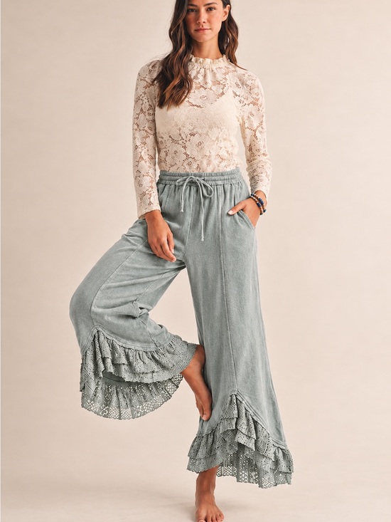 Lovlov Pants - Lace-Trim Wide Leg Pants in Sage Green
